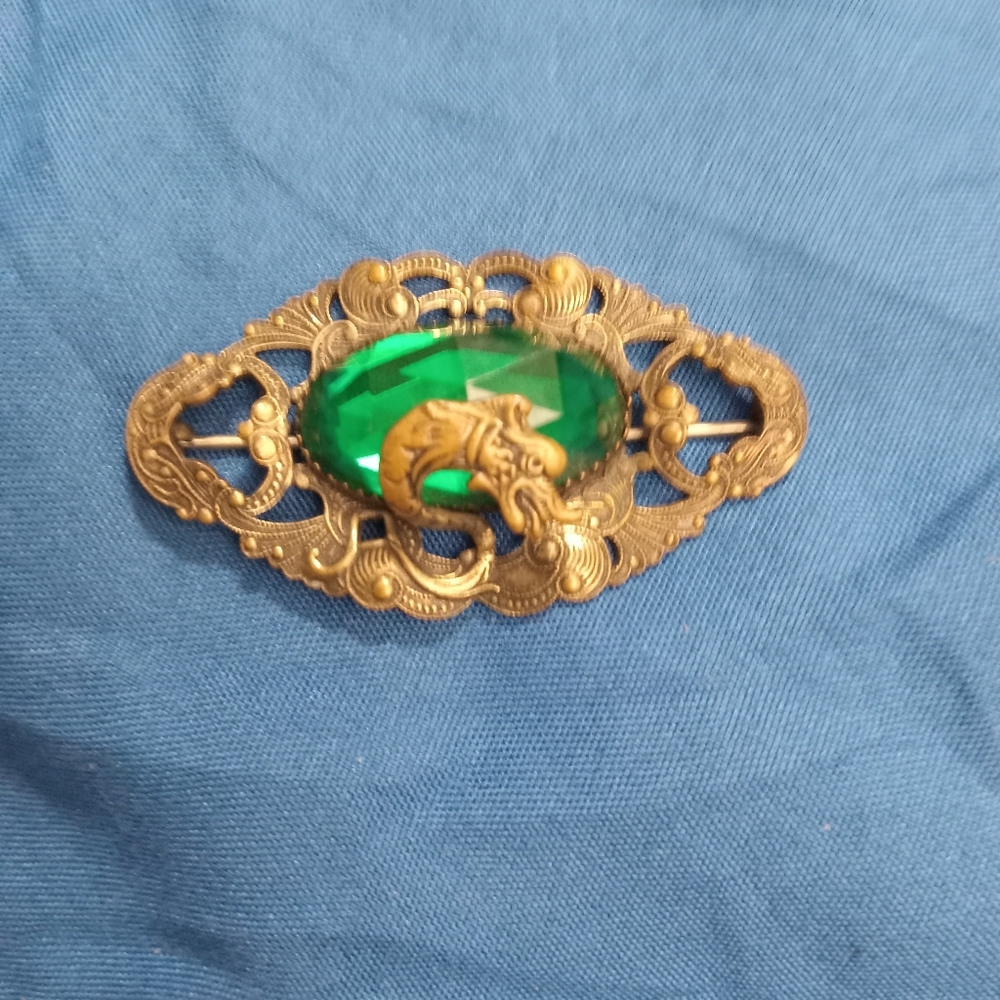 Antique Edwardian faceted Emerald Glass Dragon Bronze Brooch